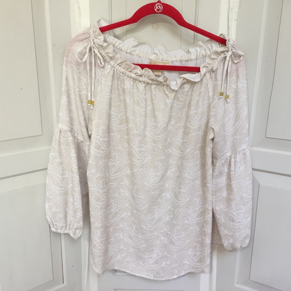 MICHAEL Michael Kors Off-White Blouse w/ Metallic Gold Paisley Print